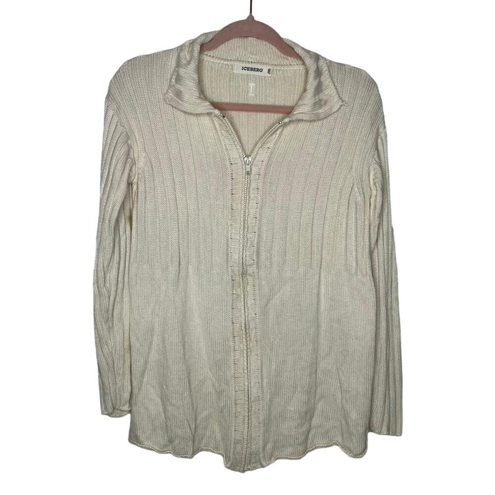 Iceberg Ivory Long Sleeve Zipper Up Silk Blend Sweater Top Made In Italy Size XS